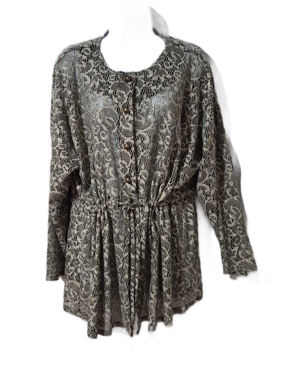 Jeri Marque Vintage Beige Lace-Print Drawstring Oversized Cardigan/ Blouse EUC
